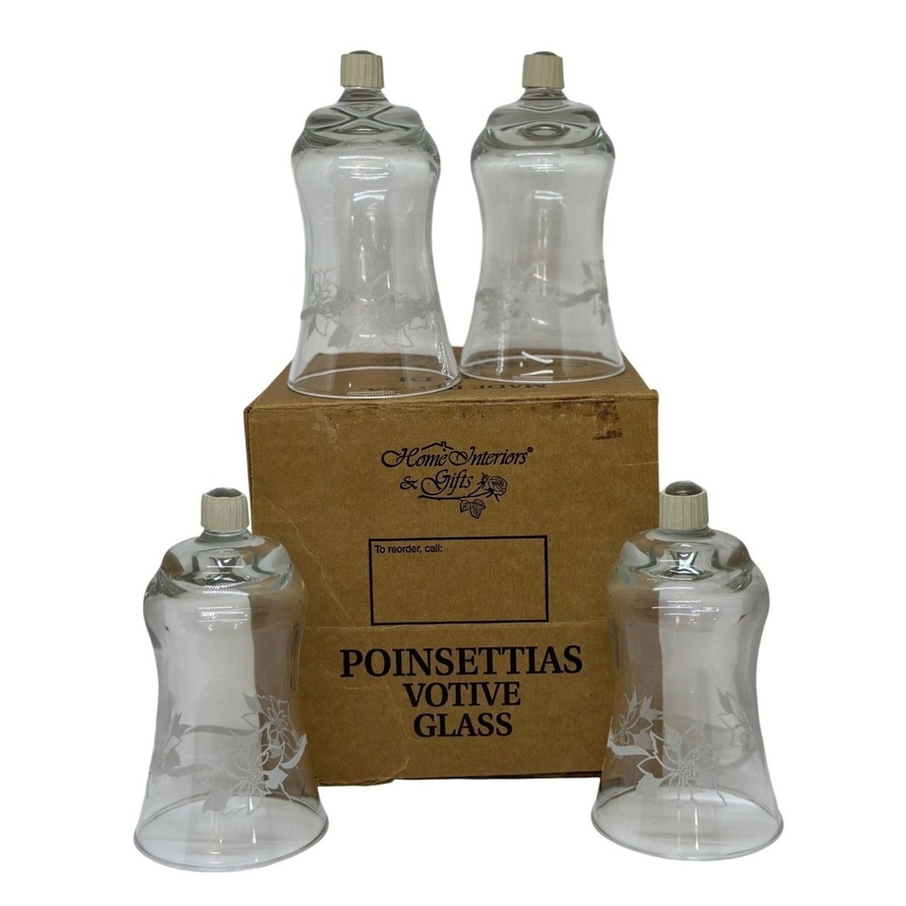 HOMCO Poinsettia Votive Glass Candle Holders 5.5"x3" Set of 4 NIB Holiday Decor